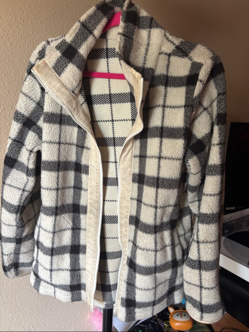 Talbots Cream and Black Plaid Sherpa Jacket